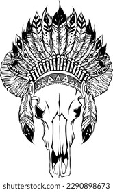 vector illustration of Native american bull skull with feathers