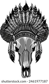 vector illustration of Native american bull skull with feathers