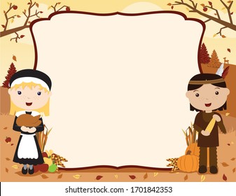A vector illustration of a Native American Indian and a Pilgrim on the first Thanksgiving in an autumn landscape with a blank banner