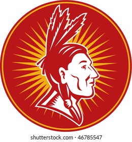 vector illustration of an native American indian chief with three feathers side view