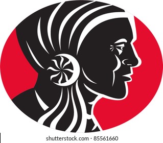 vector illustration of a native American Indian chief facing side  view set inside circle done in retro style