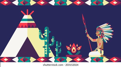 Vector illustration of a native American, tent, campfire and cactus.