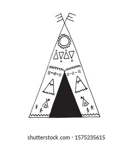 Vector illustration. Native American traditional tepee isolated on white. Hand drawn wigwam doodle sketch.