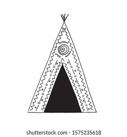 Vector illustration. Native American traditional tepee isolated on white. Hand drawn wigwam doodle sketch.