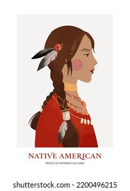 Vector illustration - native american. Young beautiful woman portrait with feathers and accessories. Modern feminine woman with red skin. People of different cultures. Perfect for blog, prints, cards