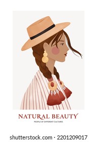 Vector illustration - native american. Young beautiful woman portrait with hat and accessories. Modern feminine woman with striped clothes. People of different cultures. Perfect for blog, prints, card