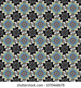 Vector illustration. Native batik watercolor artistic black, blue and gray seamless pattern. Seamless hand drawn tribal tiles texture. Ethnic boho style.