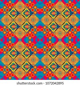 Vector illustration. Native batik watercolor artistic yellow, orange and blue seamless pattern. Seamless hand drawn tribal tiles texture. Ethnic boho style.