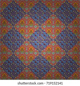 Vector illustration. Native batik watercolor artistic pink, green and violet seamless pattern. Seamless hand drawn tribal tiles texture. Ethnic boho style.