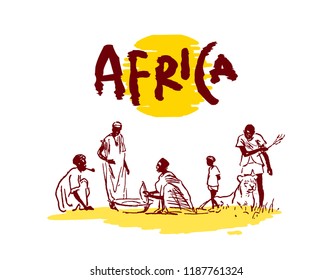 Vector illustration of  Native black skinned ethnical people of Africa tribes and  aborigine.