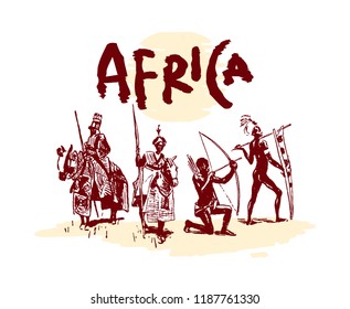 Vector illustration of  Native black skinned ethnical people of Africa tribes and  aborigine.
