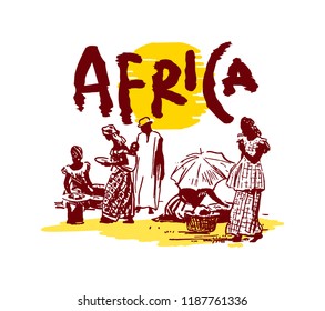 Vector illustration of  Native black skinned ethnical people of Africa tribes and  aborigine.