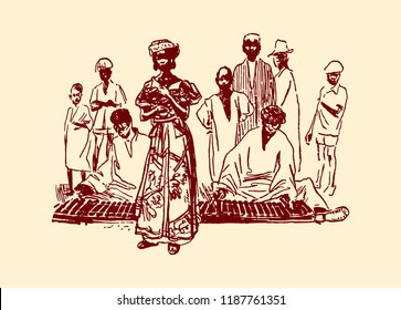 Vector illustration of  Native black skinned ethnical people of Africa tribes and  aborigine.