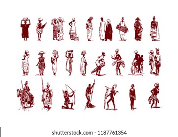 Vector illustration of  Native black skinned ethnical people of Africa tribes and  aborigine.