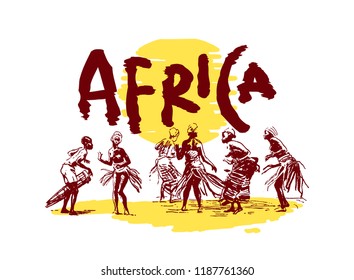 Vector illustration of  Native black skinned ethnical people of Africa tribes and  aborigine.