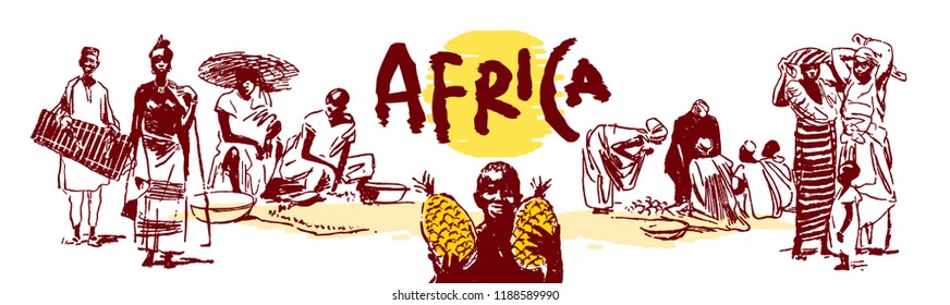 Vector illustration of  Native black skinned ethnical people of Africa tribes and  aborigine.