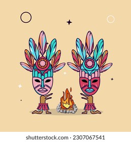 vector illustration of native indians around the campfire