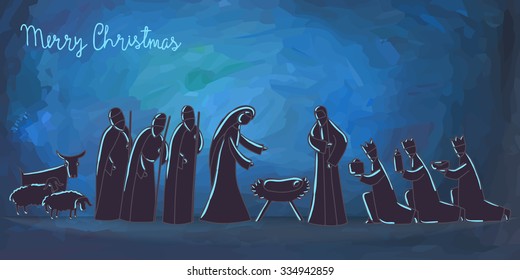 Vector illustration with nativity scene. Baby jesus born in Bethlehem.
