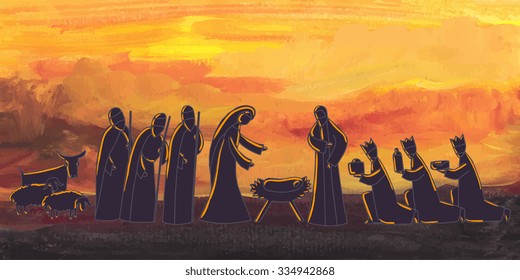 Vector illustration with nativity scene. Baby jesus born in Bethlehem.