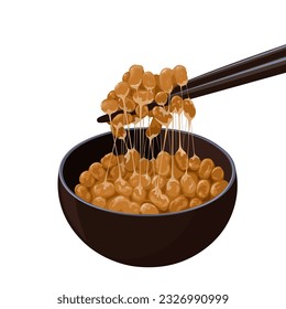 Vector illustration, natto in a bowl, natto is fermented soybean seeds with Bacillus subtilis, isolated on white background.