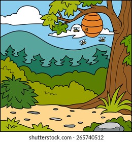 Vector illustration, natural background (forest glade and beehive)