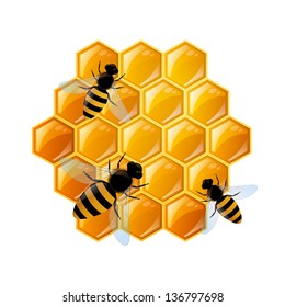 Vector Illustration of a Natural Background with Honeycombs and Bees