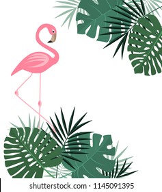 Vector illustration of natural background with palm leaves and flamingo. Exotic green tree leaves