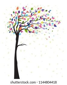 Vector illustration of a natural background with tree and colorful leaves. Autumn