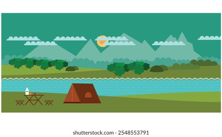 vector illustration of a natural camping landscape with a simple and pleasant design concept