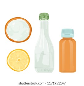 Vector Illustration. Natural Cleaning Products Are Vinegar, Baking Soda, Lemon, H2o2 Hydrogen Peroxide Natural Cleaning Products