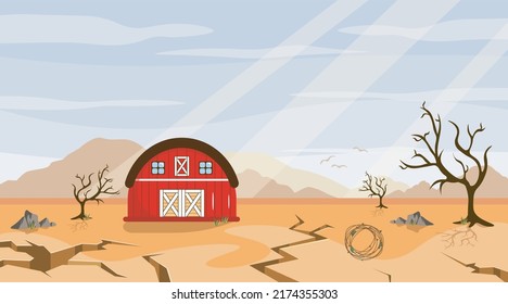 Vector Illustration Of Natural Disaster. Cartoon Landscape With Drought On The Farm That Destroyed All Vegetation.