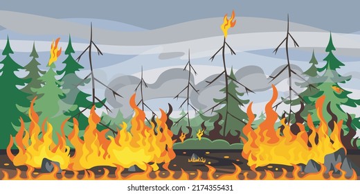 Vector Illustration Of Natural Disaster. Cartoon Landscape With Forest Fire That Destroyed All Vegetation.