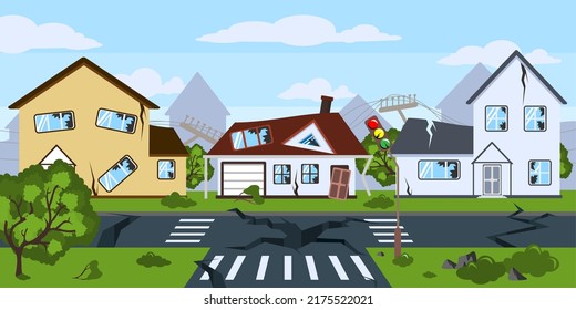 Vector illustration of natural disaster. Cartoon landscape with an earthquake which destroyed the whole city.