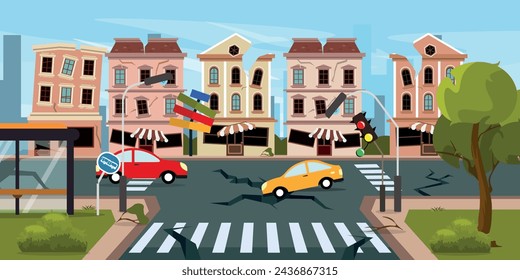 Vector illustration of natural disaster, earthquake. Cartoon cityscape scene with cataclysm, earthquake, destroyed houses, landslide, cracks in asphalt road, cars, stop, bent road signs, trees.