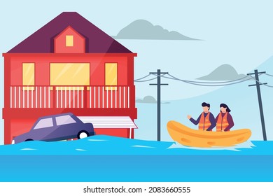 Vector Illustration Of Natural Disaster Flash Floods Sinking House And Car. Flood Survivors Sitting In Inflatable Boat Getting Rescued.