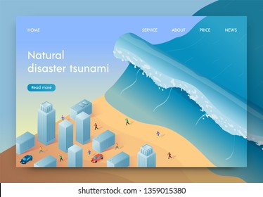 Ilustración vectorial Tsunami de Desastre Natural. La Ola Alta se acerca a la Ciudad Grande. La Gente huye del desastre natural. Desastre en la ciudad costera. Seguro de vida contra desastres naturales.
