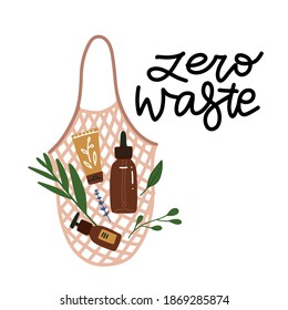 Vector illustration of a natural eco-bag filled with ogranic cosmetics with plant leaves. Lettering quote Zero waste. Flat vector illustration