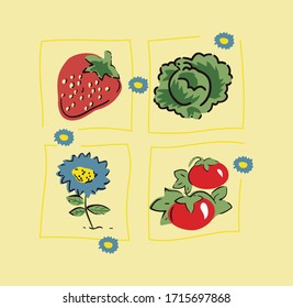 Vector illustration of natural elements, fruits, flowers, childish and delicate style.