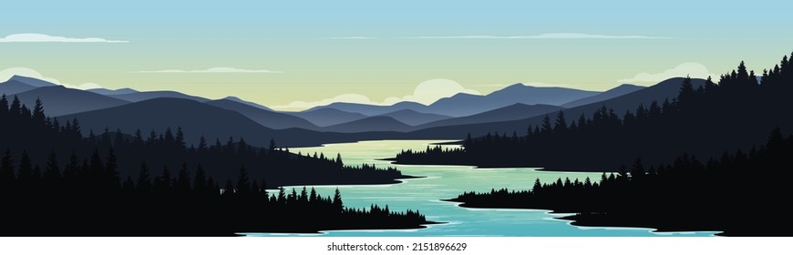 Vector illustration of a natural forest background. Landscape of a lake with mountains at sunset.