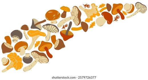 Vector illustration of natural forest mushrooms of the lower frame on a white background. Doodle styles.	