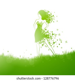 Vector Illustration of a Natural Green Background with Beautiful Girl