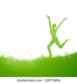Vector Illustration of a Natural Green Background with Jumping Woman