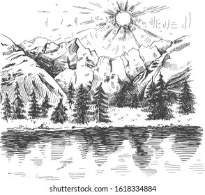 Vector illustration of natural highlands panoramic scene. Sunrise in mountains with lake and pine forest trees. Vintage hand drawn style.
