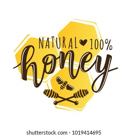 Vector illustration of a 'natural honey' lettering. Logo design template with spoons of honey.