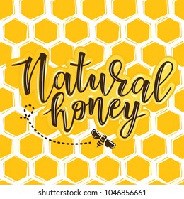 Vector illustration of a 'natural honey' lettering. Logo design template with honey combs