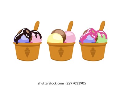 Vector illustration of natural Ice Cream, poster with soft serve neapolitan icecream in takeaway cup, 3 colorful scoop balls of italian gelato in cardboard container