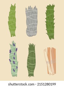 ilustración vectorial. conjunto de incienso natural. Inenso orgánico de palo santo, lavanda, pino, salvia, romero y enebro. 