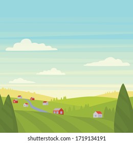 Vector illustration of a natural landscape. Cartoon flat drawing of a village, green hills and sky. Sunny day at the farm, background image.