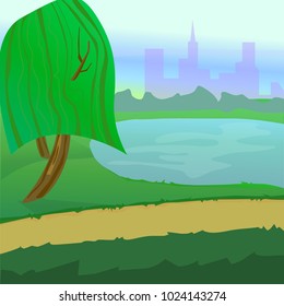 Vector illustration, natural landscape, city park, path, lake, trees