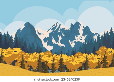 Vector illustration, natural landscape, mountain landscape, autumn, autumn forest. Design for website, landing page, background.